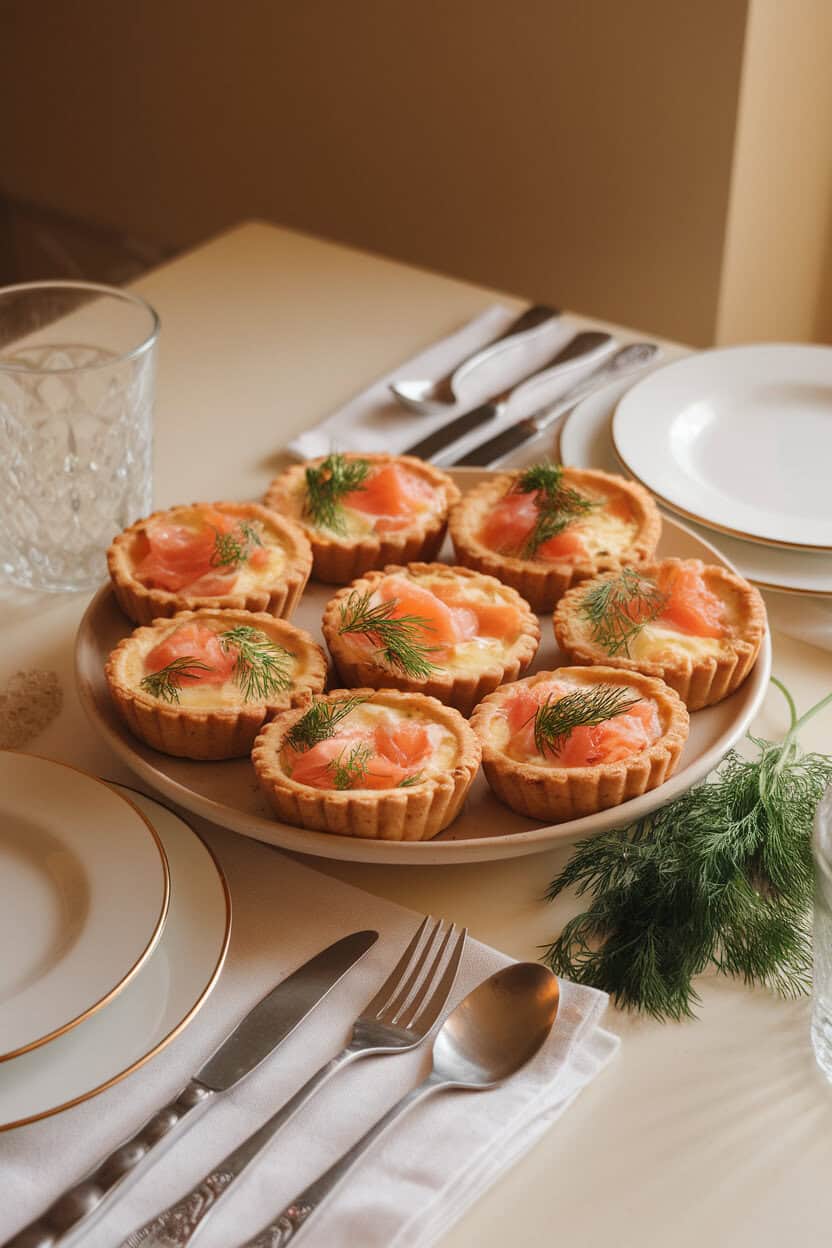 Indoor brunch table with a platter of individual mini quiches filled with flaky cooked salmon, dill, and custardy egg, garnished with fresh herbs. Warm lighting, no text or logos. Photo, not illustration.