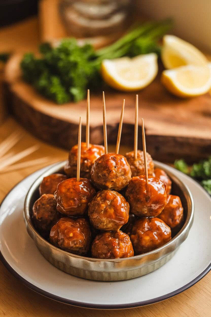 An indoor appetizer spread with glazed meatballs in a round serving dish, toothpicks nearby, no text or logos.