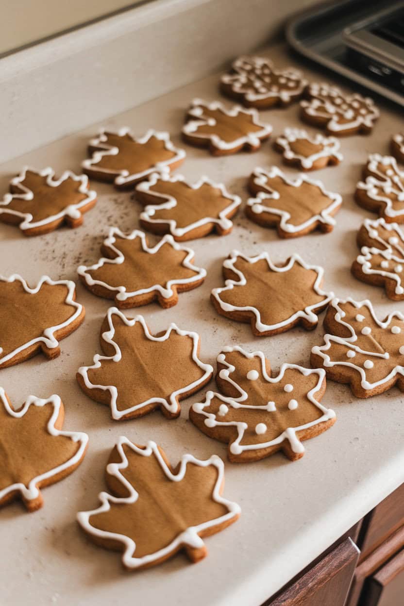 Photo prompt: An indoor countertop displaying maple-leaf-shaped gingerbread cookies iced with simple white outlines. No text or logos present.