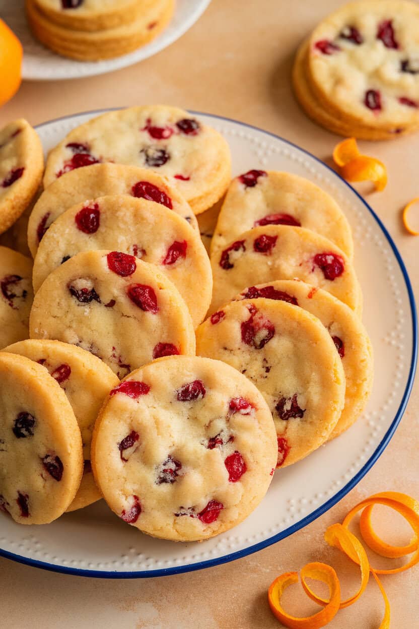 An indoor cookie tray filled with cranberry orange shortbread rounds, zest curls scattered nearby. No text or logos.