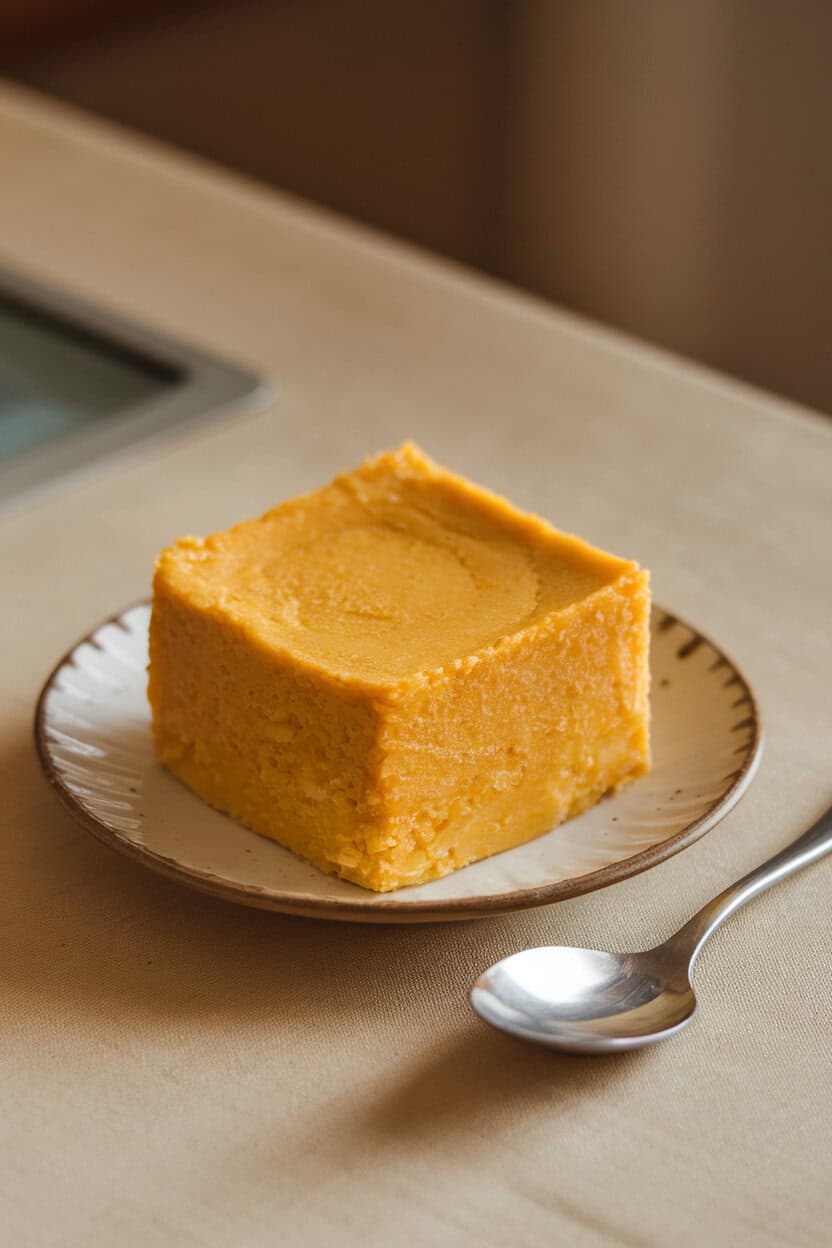 A square of golden corn pudding on a small white plate indoors, spoon beside it. No text or logos. Photo, not illustration.