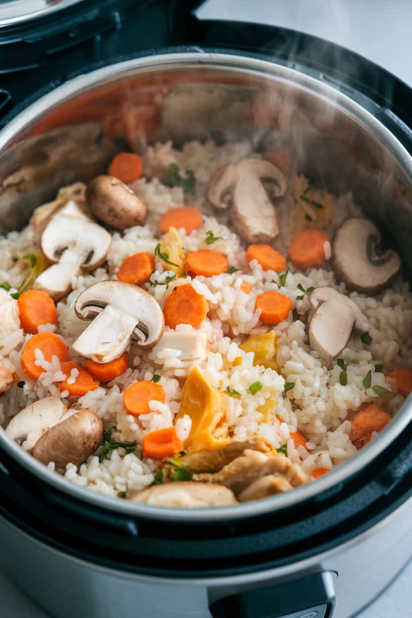 An indoor rice cooker insert filled with mixed rice studded with mushrooms, carrots, and chicken pieces, steam rising gently. No text or logos. Photo, not illustration.