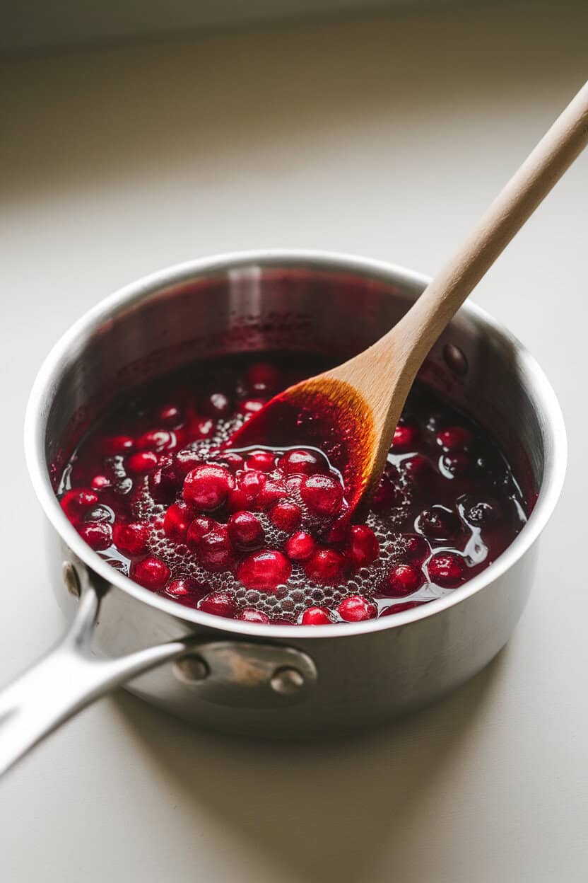 A small indoor saucepan simmering ruby red cranberry sauce, wooden spoon swirling through bubbles. No logos in scene. Photo, not illustration.