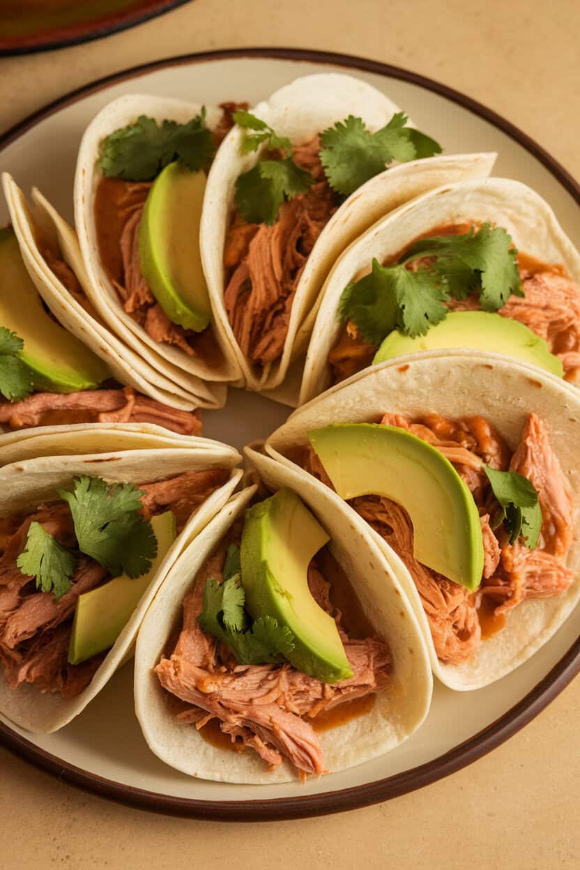 Soft tortillas filled with chipotle-seasoned shredded turkey, avocado slices, and cilantro on an indoor plate, warm directional lighting, no text or logos.