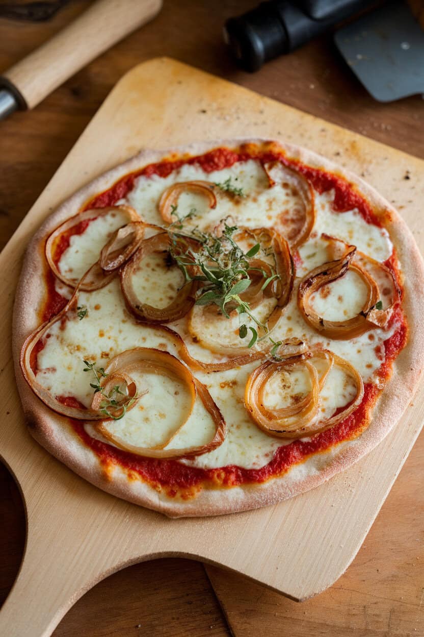 An indoor wooden pizza peel holding a baked thin-crust pizza topped with melted Brie pools and sweet caramelized onion ribbons. No text or logos. Photo only.