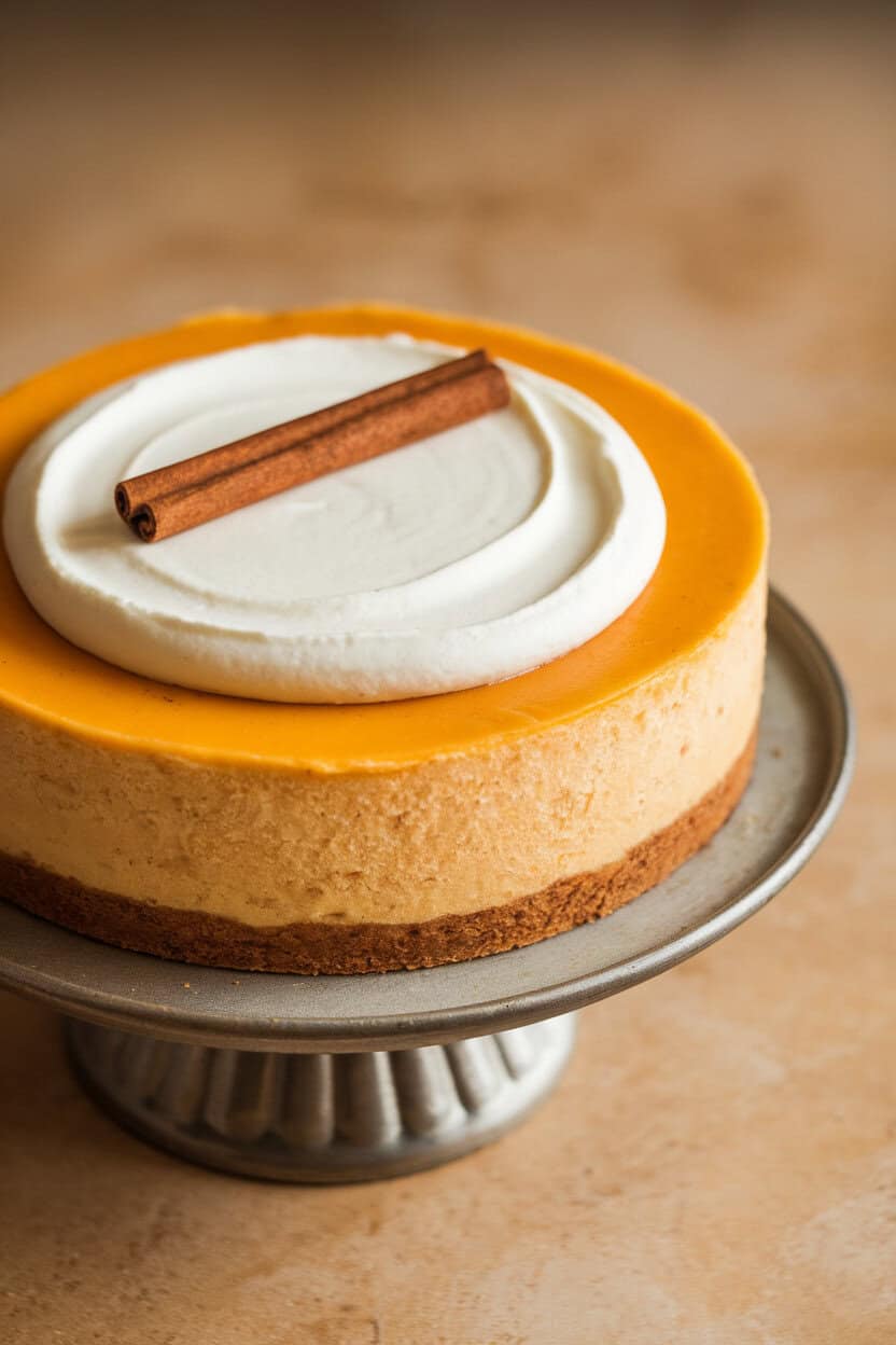 Indoor cheesecake on a pedestal, kabocha squash orange color visible under a thin sour cream layer, cinnamon stick garnish. No text or logos present. Photo, not illustration.