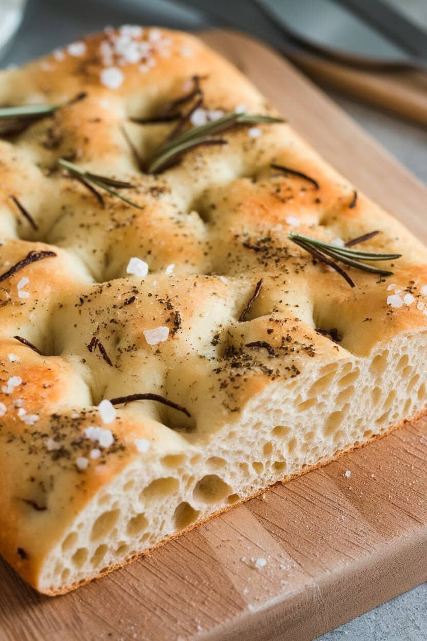 An indoor breadboard with a slab of Parmesan herb focaccia, coarse salt crystals and rosemary visible on top, a piece torn away to show airy crumb. Photo only, no text or logos.
