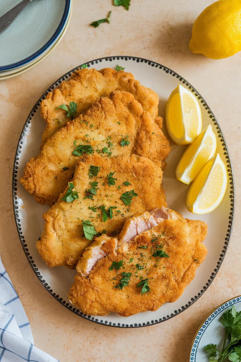A serving platter indoors with golden chicken schnitzel cutlets, lemon wedges on the side, and a sprinkle of parsley; no text or logos; photo