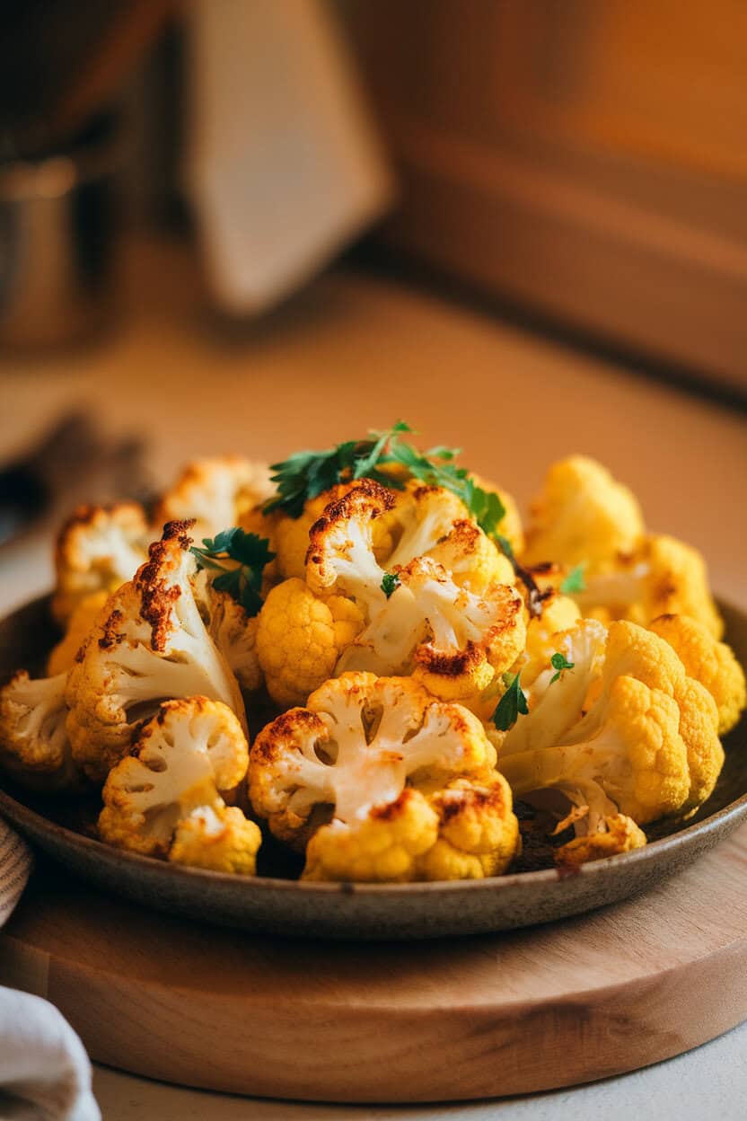 An indoor serving platter of roasted cauliflower florets coated in golden turmeric and spices, edges browned. Warm lighting; no text or logos present. Photo only.