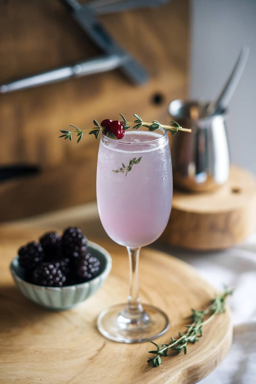 An indoor cocktail station with a flute of pale purple Blackberry Thyme Sparkler, thyme sprig and berry garnish, small bowl of blackberries beside glass; no text or logos; photo