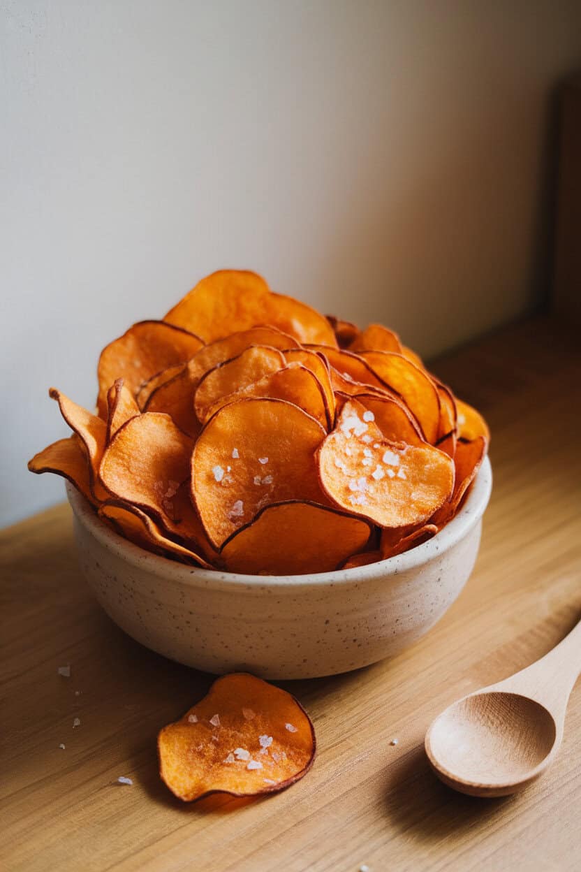 Indoor countertop with a ceramic bowl overflowing with thin, crisp sweet potato chips, sprinkled sea salt visible, no branding or text.