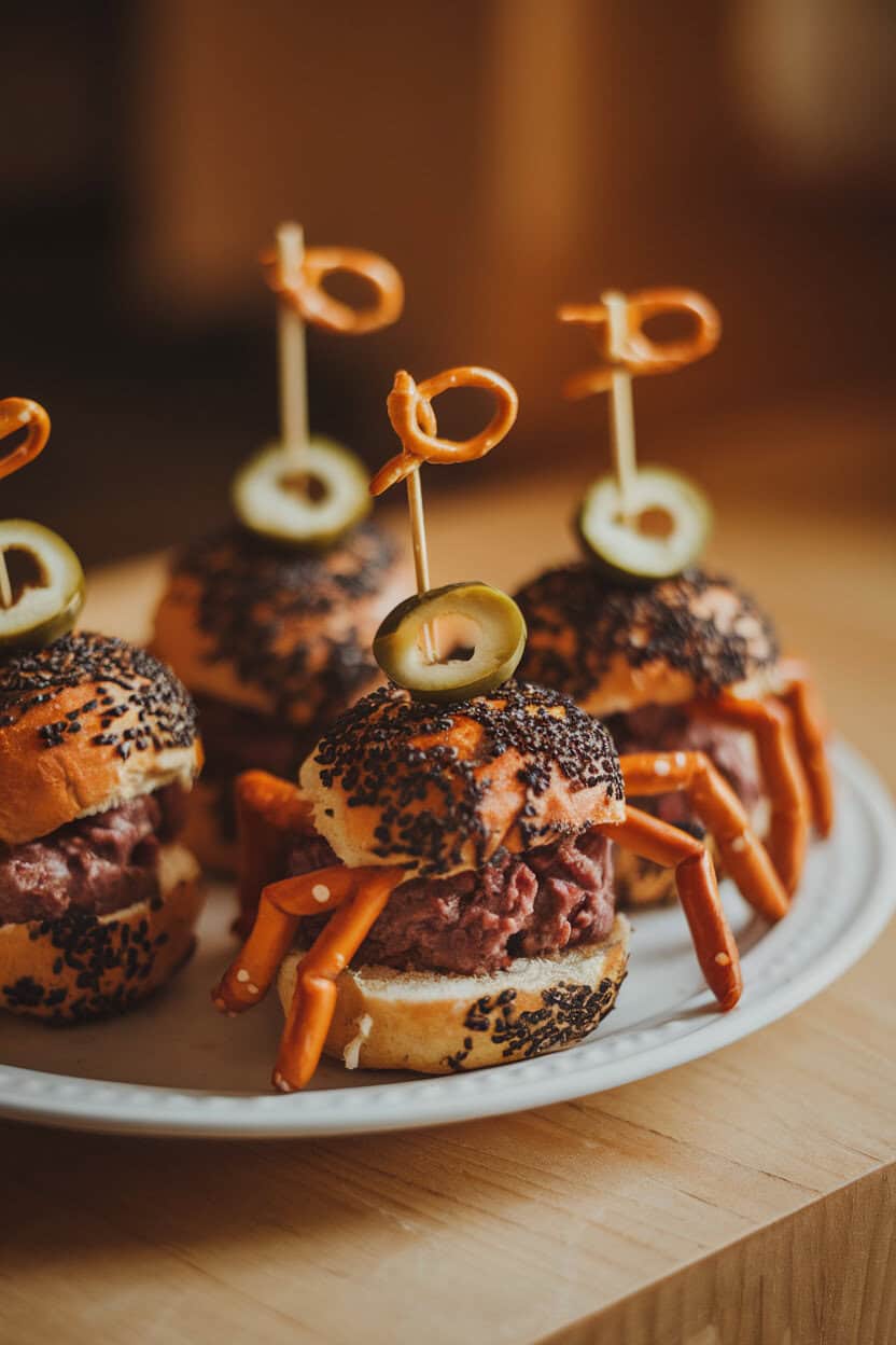 Small beef sliders in black sesame buns indoors, each topped with olive slice “eyes” and pretzel stick “legs” arranged like spiders. No text or logos. Photo only.