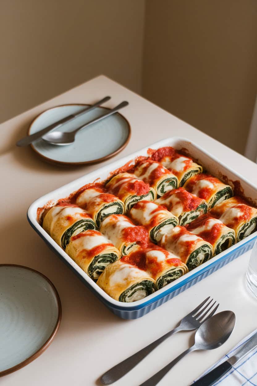 An indoor dining table with a baking dish of lasagna roll-ups, each noodle rolled around ricotta and spinach, topped with bubbling marinara and mozzarella. Photo only, no text or logos.