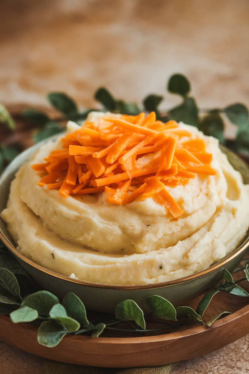 Indoor shot of creamy mashed potatoes in a serving bowl, shredded cheddar melting into the top. No logos or text. Photo, not illustration.
