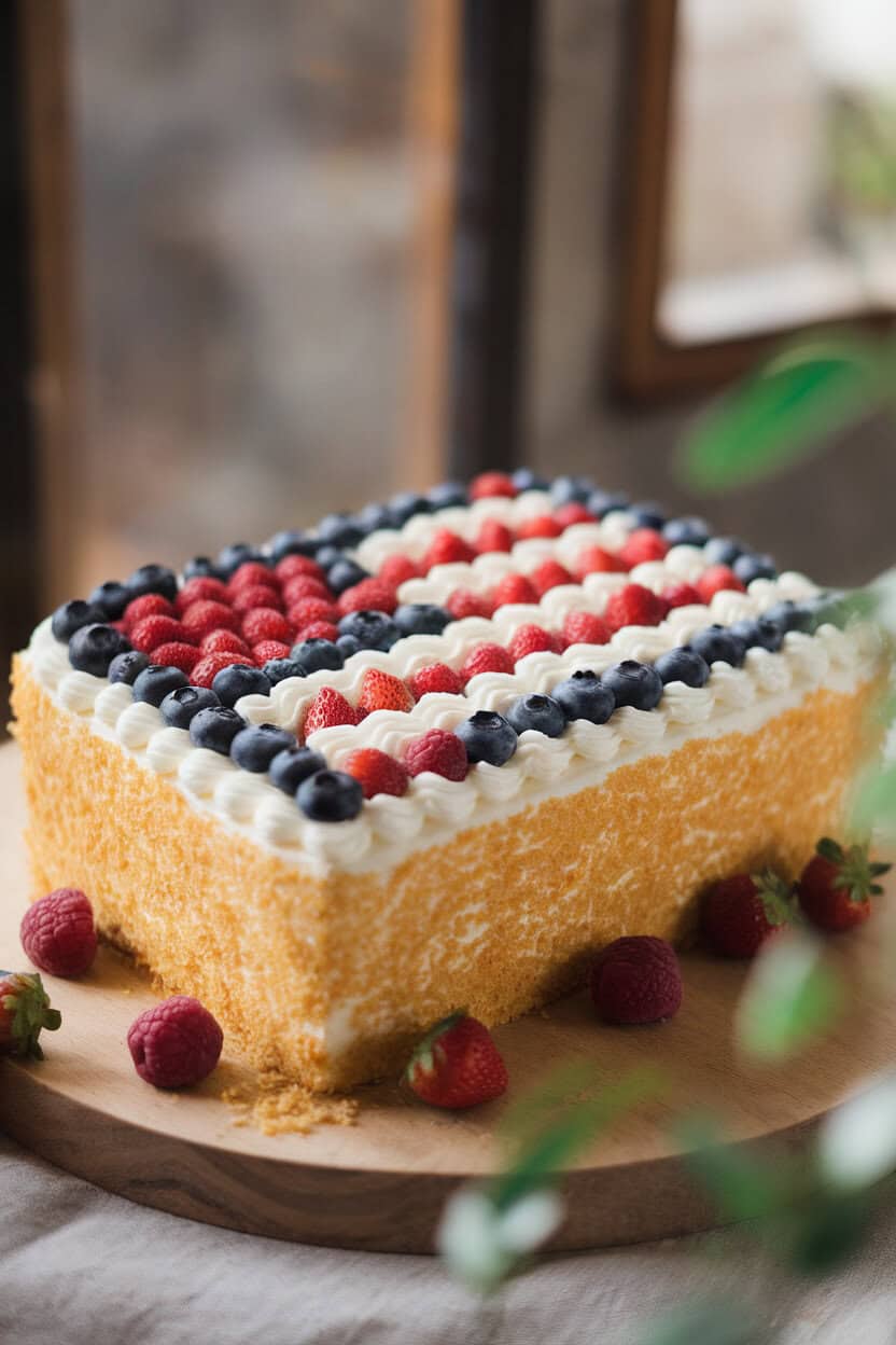 Indoor photo of a golden vanilla sheet cake topped with neat rows of strawberries and blueberries forming a simple flag pattern, cream cheese frosting as the white stripes, soft window light, no text or logos