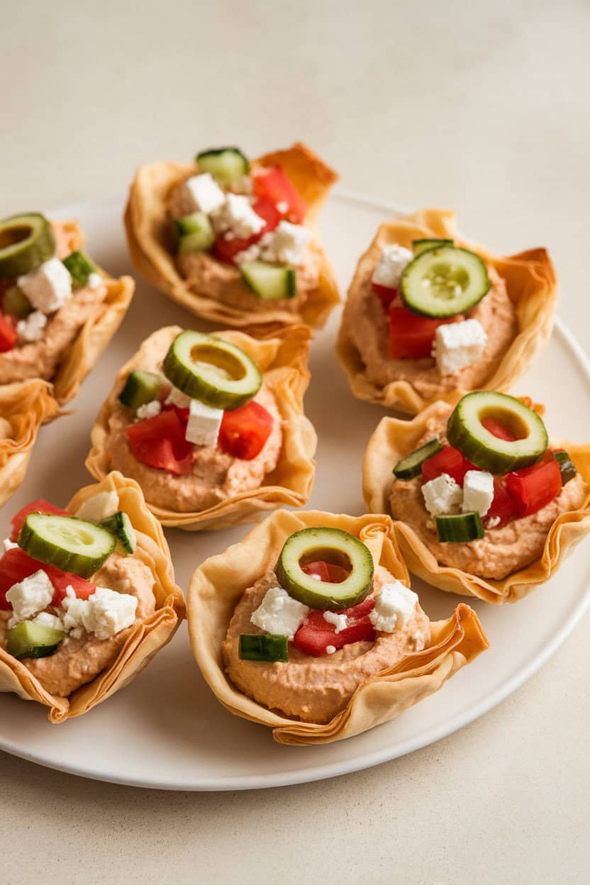Photo of crisp mini phyllo shells indoors filled with hummus, diced cucumber, tomato, feta, and olive slice on top; neutral background, no logos