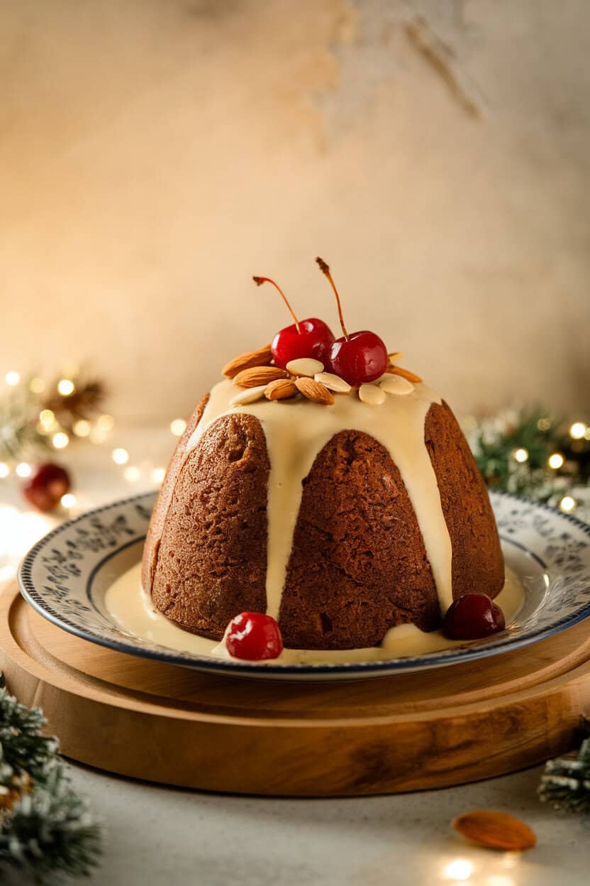Photo of steamed Christmas pudding topped with a drizzle of brandy sauce, softly lit indoor backdrop. No text or logos.