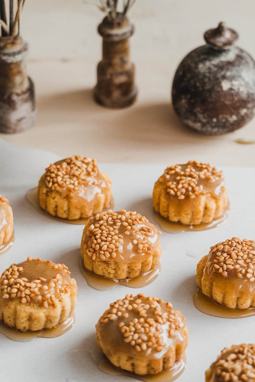 Indoor tabletop photo of small round cookies sprinkled with toasted sesame seeds and a glossy honey glaze; no text or logos present.