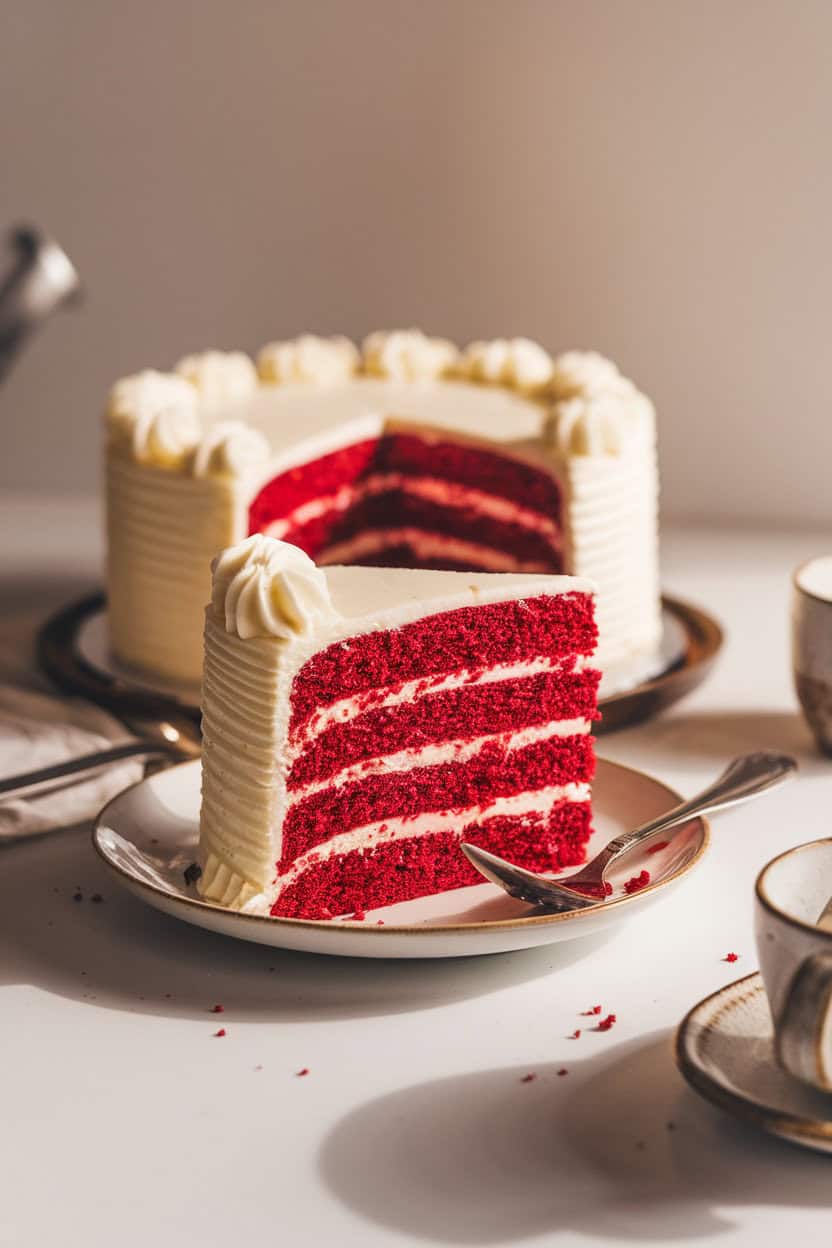 Indoor bakery-style photo of a vibrant red velvet cake slice with velvety cream cheese frosting and a few red cake crumbs scattered on the plate. Photo only, no logos.