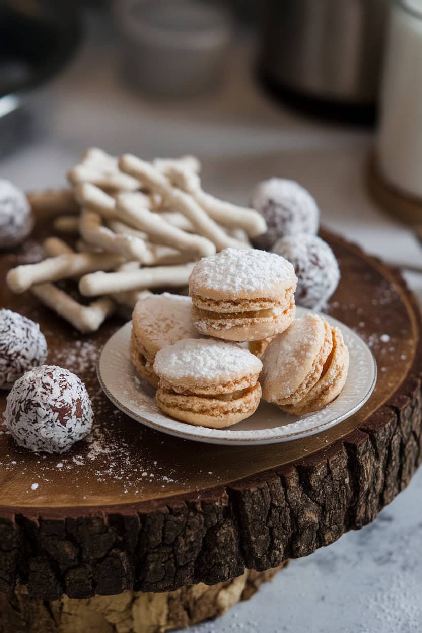 Indoor photo of coconut truffles, white chocolate-covered pretzels, and coconut macaroons dusted like fresh snow on a dark board. No text or logos. Photo, not illustration.