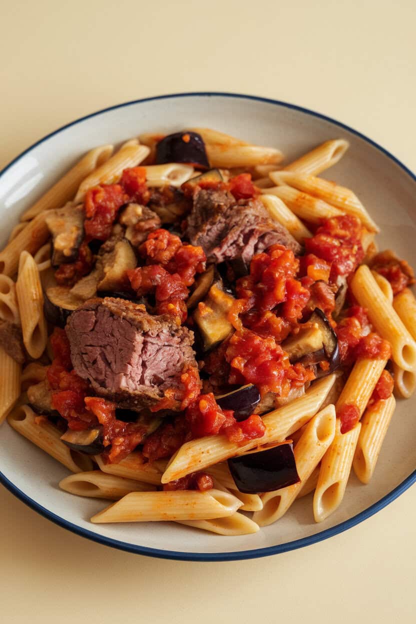 Photo of penne tossed with cooked lamb, diced eggplant, and tomato caponata, indoor plate, no text or logos.