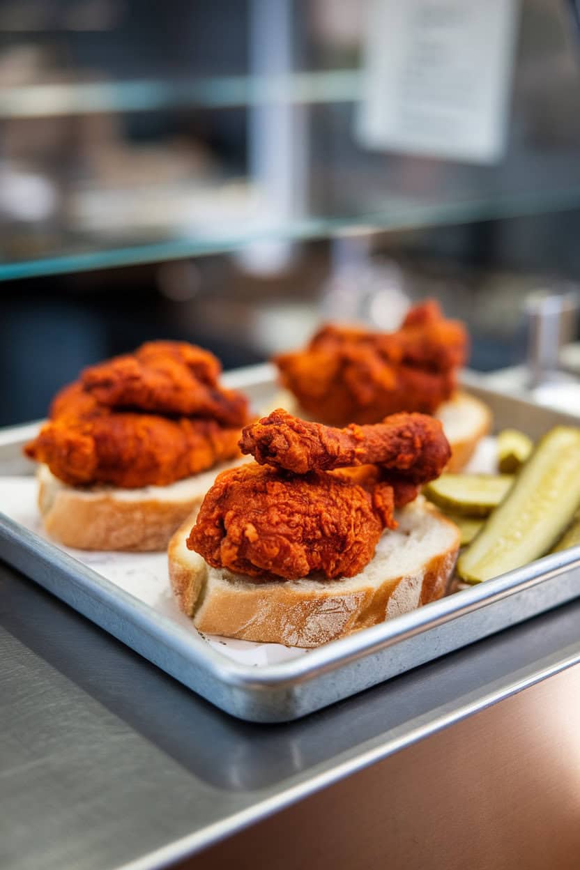 A metal tray on an indoor counter displaying spicy Nashville hot chicken pieces atop white bread with pickle chips; no text or logos; photo