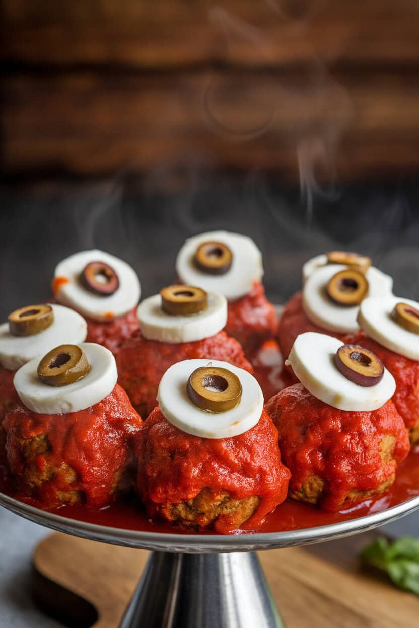 An indoor serving platter of cocktail-size meatballs coated in marinara, each topped with a sliced mozzarella round and olive pupil to resemble eyeballs. Steam rises gently; no text or logos. Photo only.