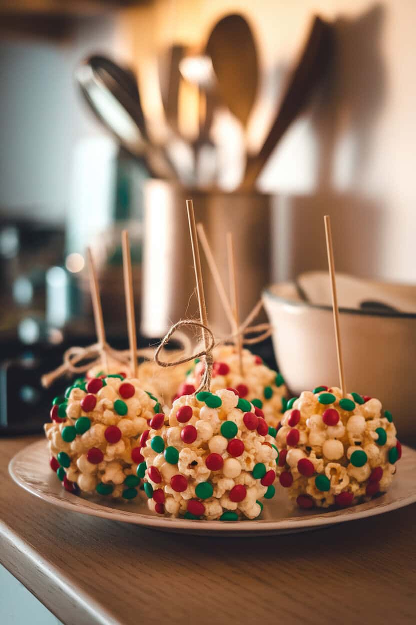 An indoor kitchen counter photo of round popcorn balls dotted with red and green candy pieces, tied with twine for serving. No logos or text present.