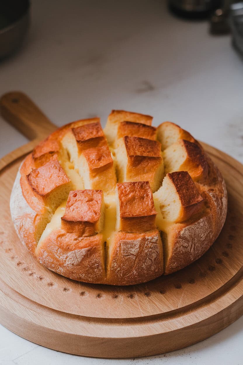 An indoor breadboard holding a round loaf scored into cubes with melted cheese oozing between cuts. No text or logos.