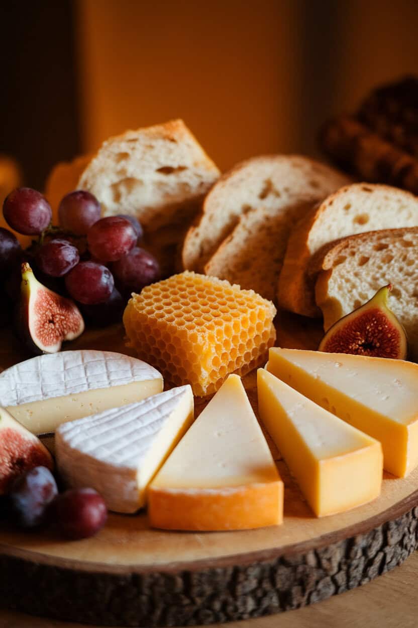 A warmly lit indoor spread featuring assorted cheeses, fresh figs, grapes, slices of crusty bread, and a piece of honeycomb at center. No text or logos visible. Photo only.