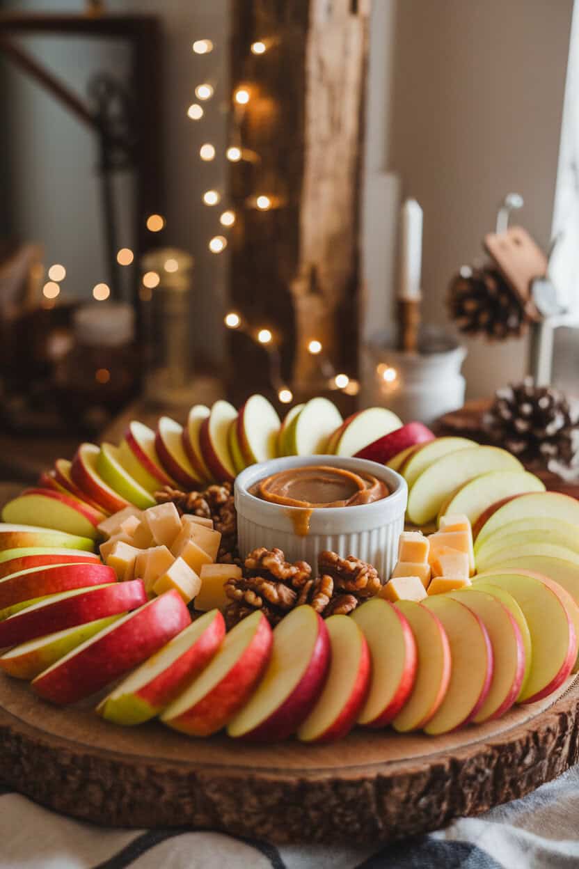 Cozy indoor shot of a wooden board piled with sliced Honeycrisp apples fan-style, white cheddar cubes, cinnamon-spiced candied walnuts, and a ramekin of caramel dip. No text or logos.