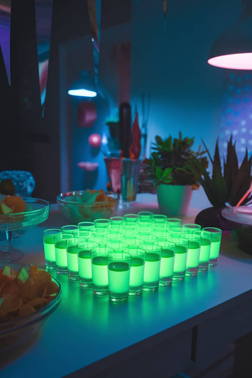 A dimly lit indoor party table under blacklight showing rows of neon lime gelatin in clear shot glasses glowing vibrantly. No text or logos.