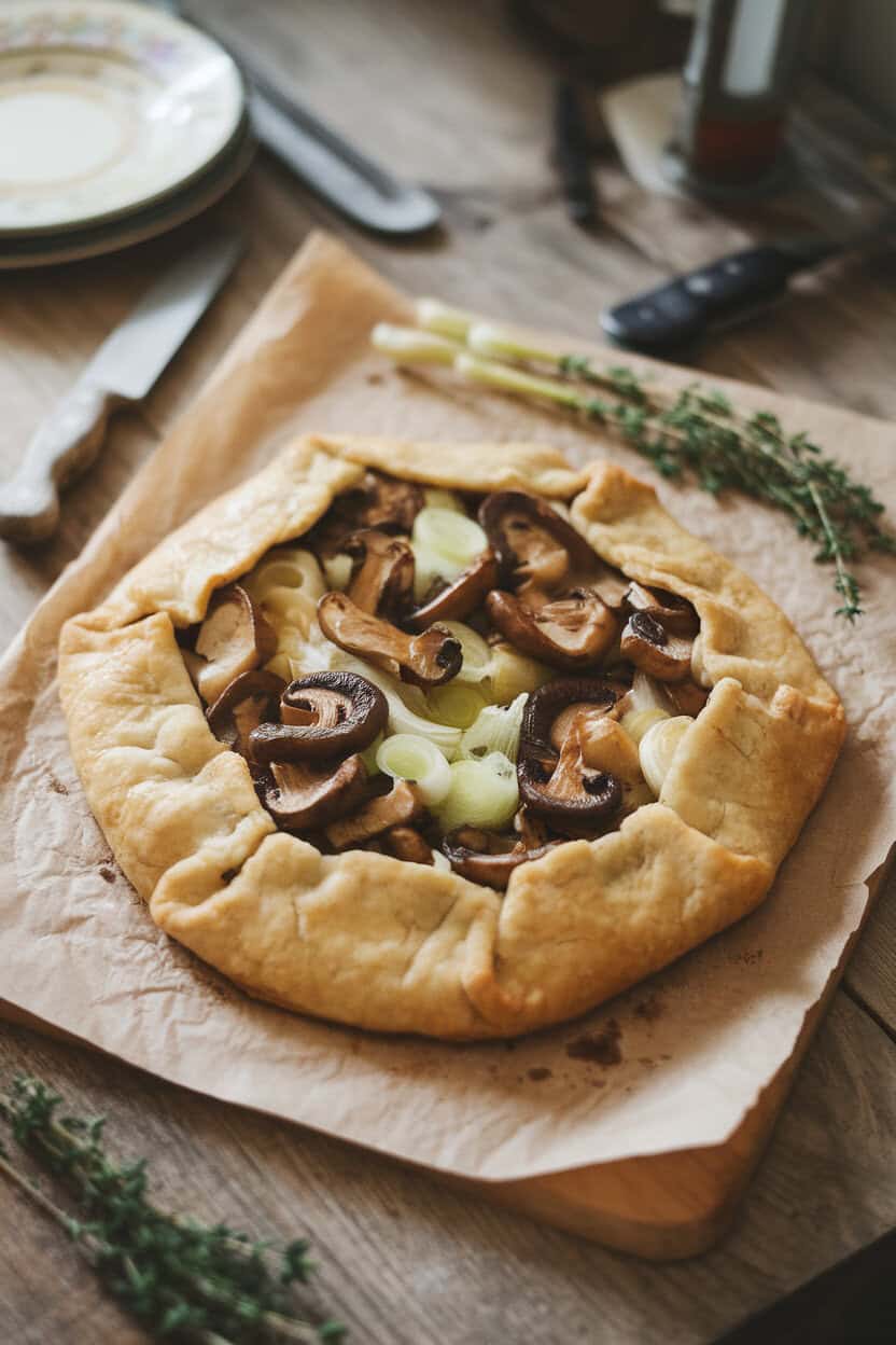 A rustic indoor table showing a golden free-form galette, its flaky crust folded over sautéed mushrooms and leeks, with sprigs of thyme nearby. No text or logos present.