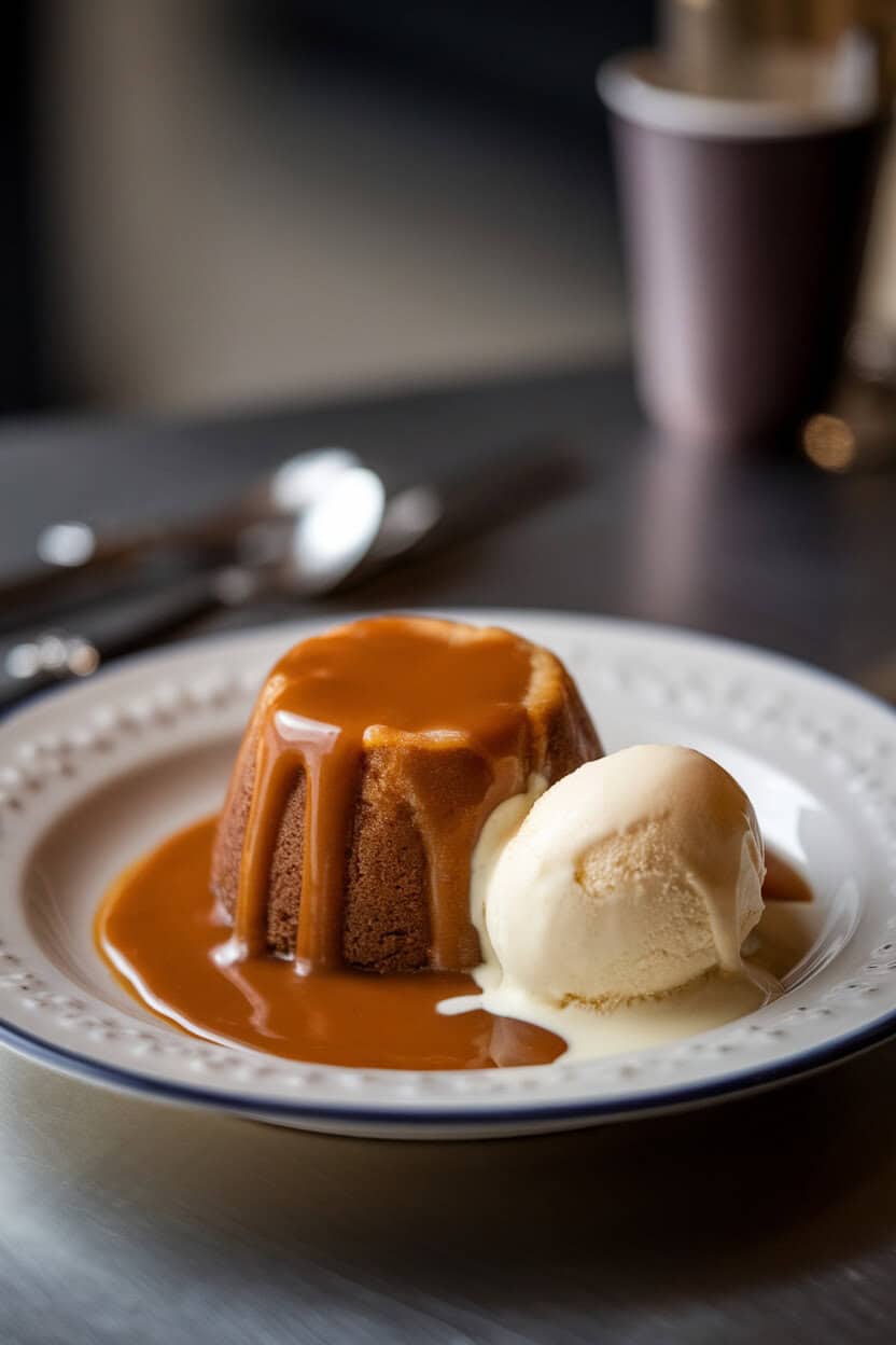 An indoor dessert plate holding a small sticky toffee pudding draped in warm caramel sauce, a scoop of vanilla ice cream melting alongside. No text or logos. Photo, not illustration.