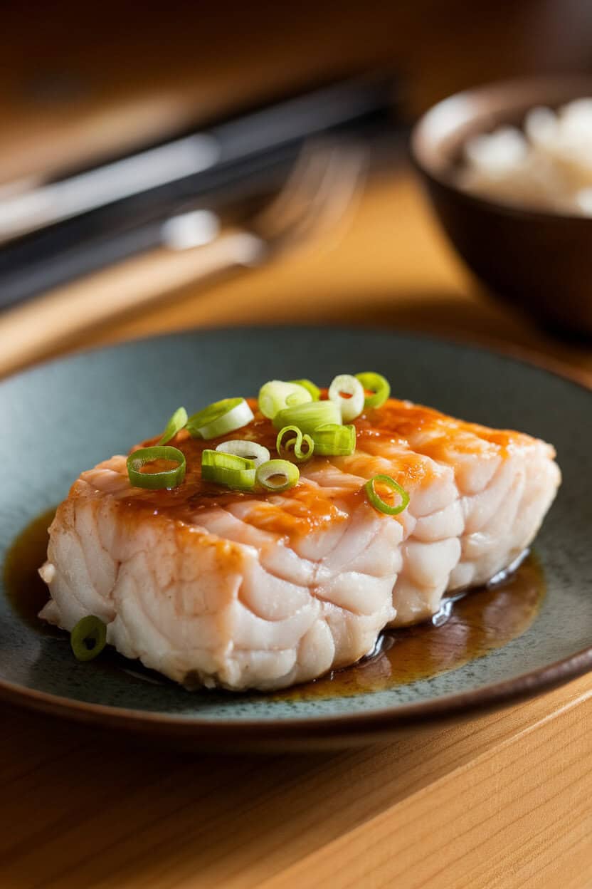 An indoor plate featuring flaky cooked cod fillet brushed with caramelized miso glaze, garnished with green onions—photo, no text or logos