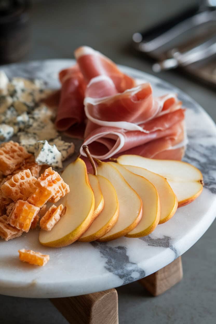 Indoor photo showing thinly sliced ripe pears fanned beside folds of prosciutto, crumbles of gorgonzola, and honeycomb pieces on a marble board. No text or logos.