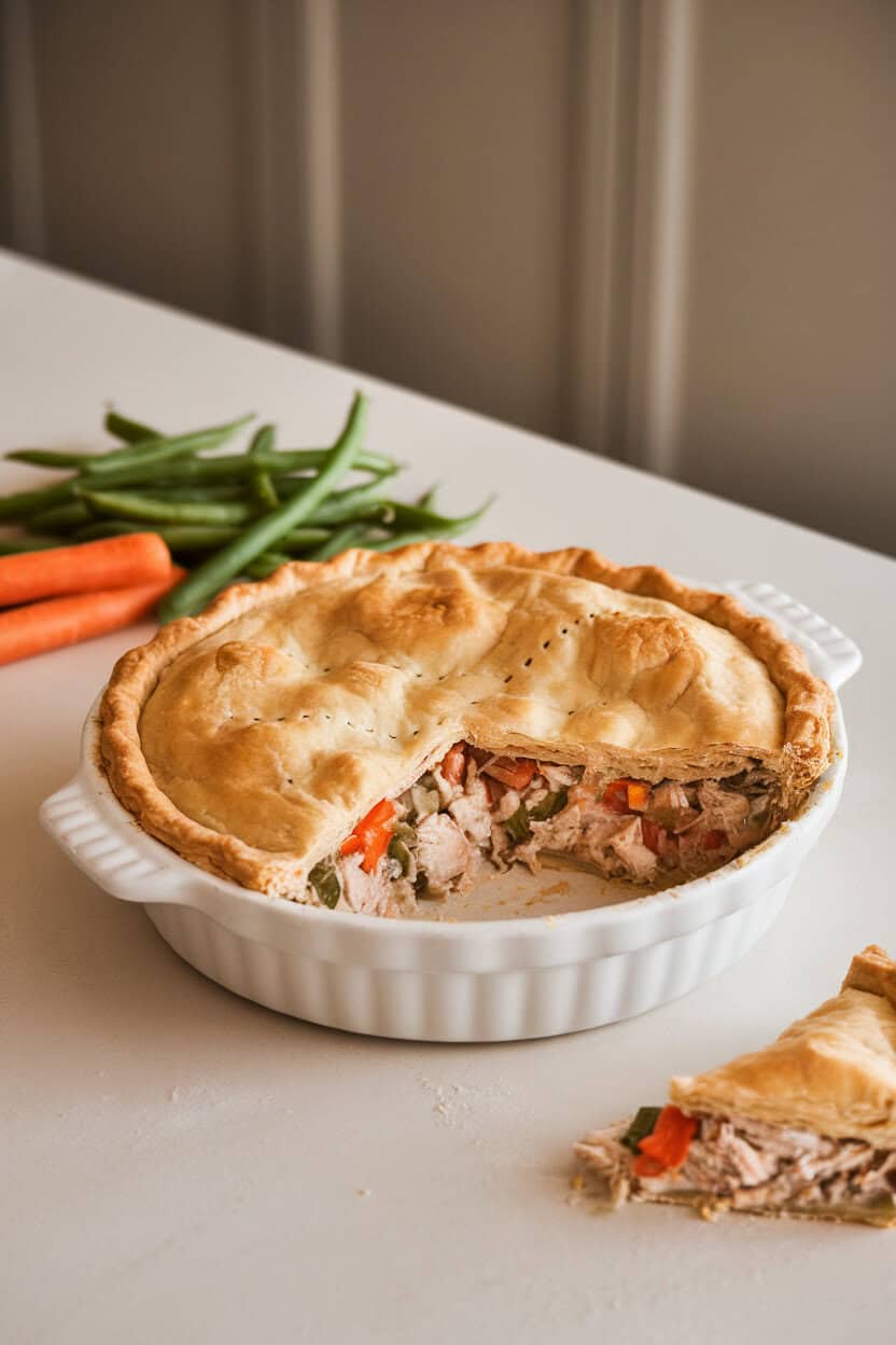An indoor kitchen counter with a golden pot pie in a white pie dish, a wedge removed to show creamy turkey and vegetable filling; no text or logos. Photo.