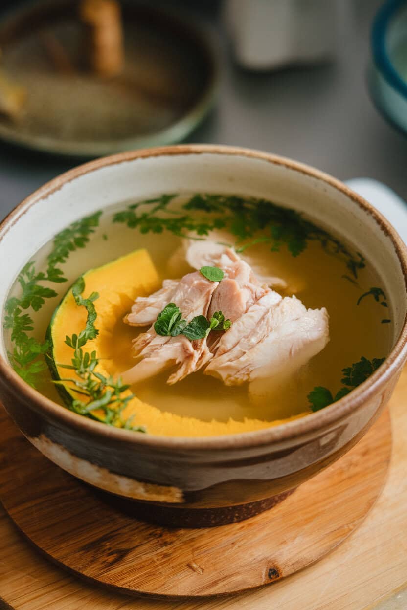Indoor photo of clear lemongrass broth with chicken pieces, pumpkin slices, and herbs in a ceramic bowl. No text or logos