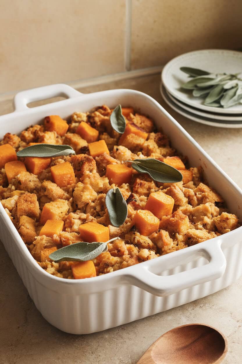 A white ceramic casserole on an indoor countertop with golden stuffing dotted by cubes of roasted butternut squash and whole sage leaves. No text or logos; photo only.