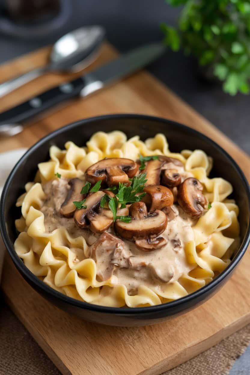 An indoor deep bowl of creamy stroganoff sauce coating wide egg noodles and sautéed mushrooms, parsley sprinkled on top. No text or logos.