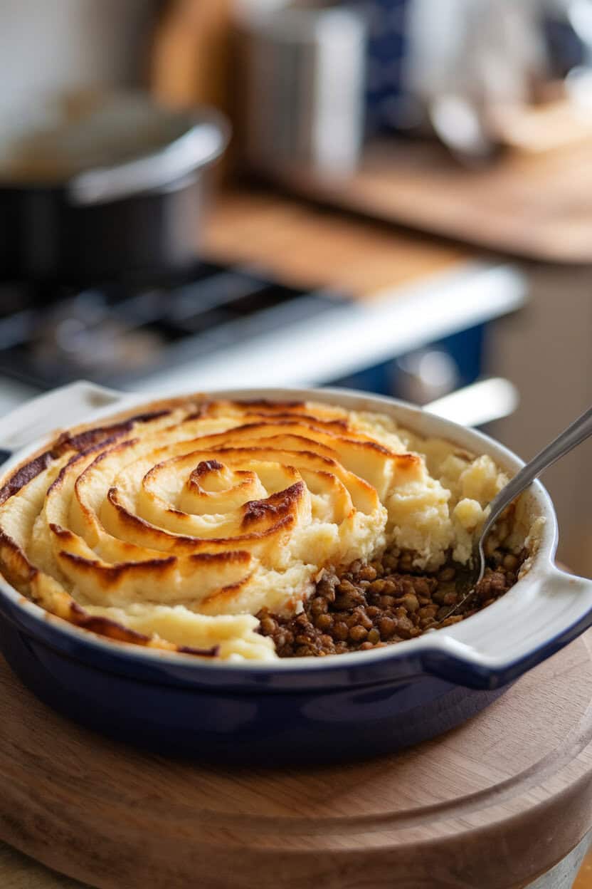 An indoor ceramic dish of shepherd’s pie, mashed potato topping browned and swirled, a serving spoon revealing lentil filling beneath. No logos or text.