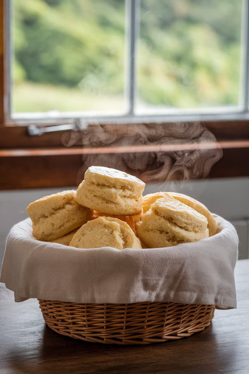 A linen-lined basket filled with golden buttermilk biscuits, steam rising indoors. No text or logos. Photo, not illustration.