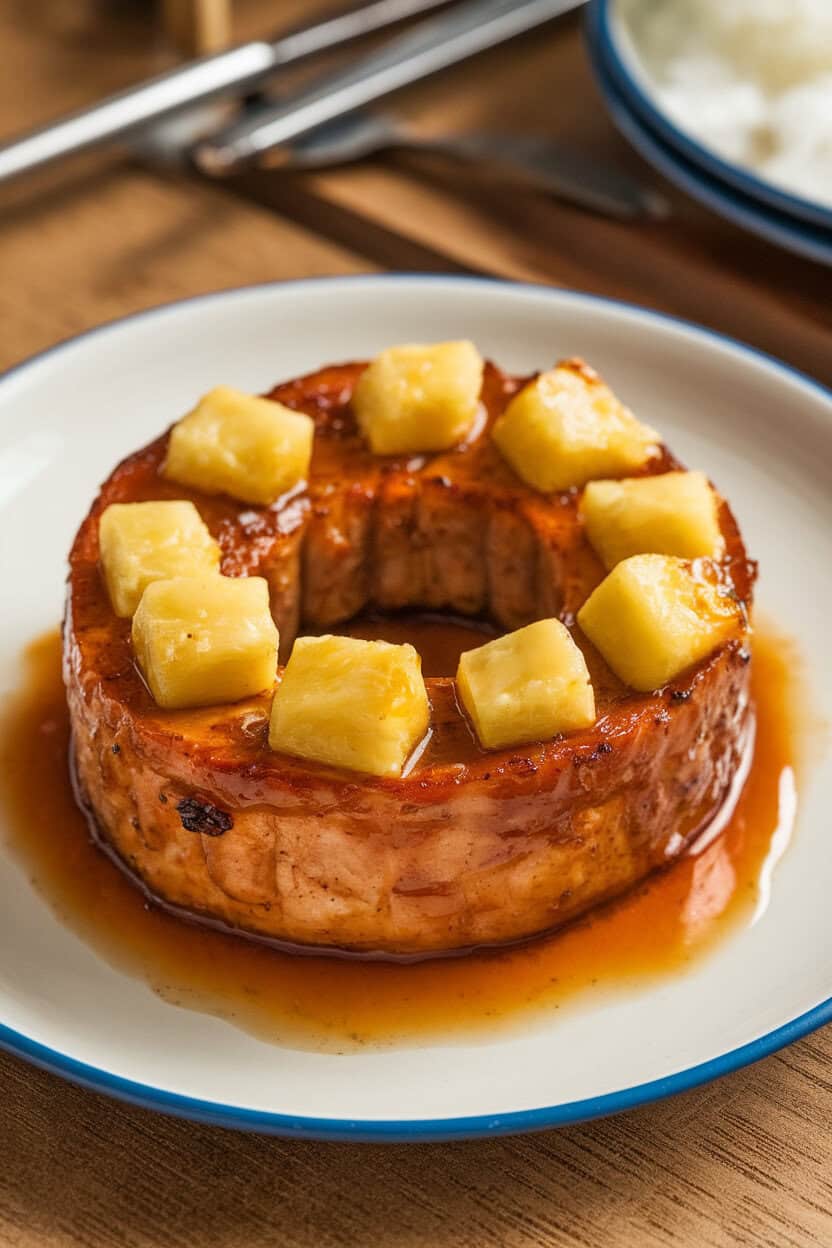Indoor dinner setting featuring teriyaki-glazed pork loin rings topped with pineapple chunks; glossy sauce visible, no text or logos.