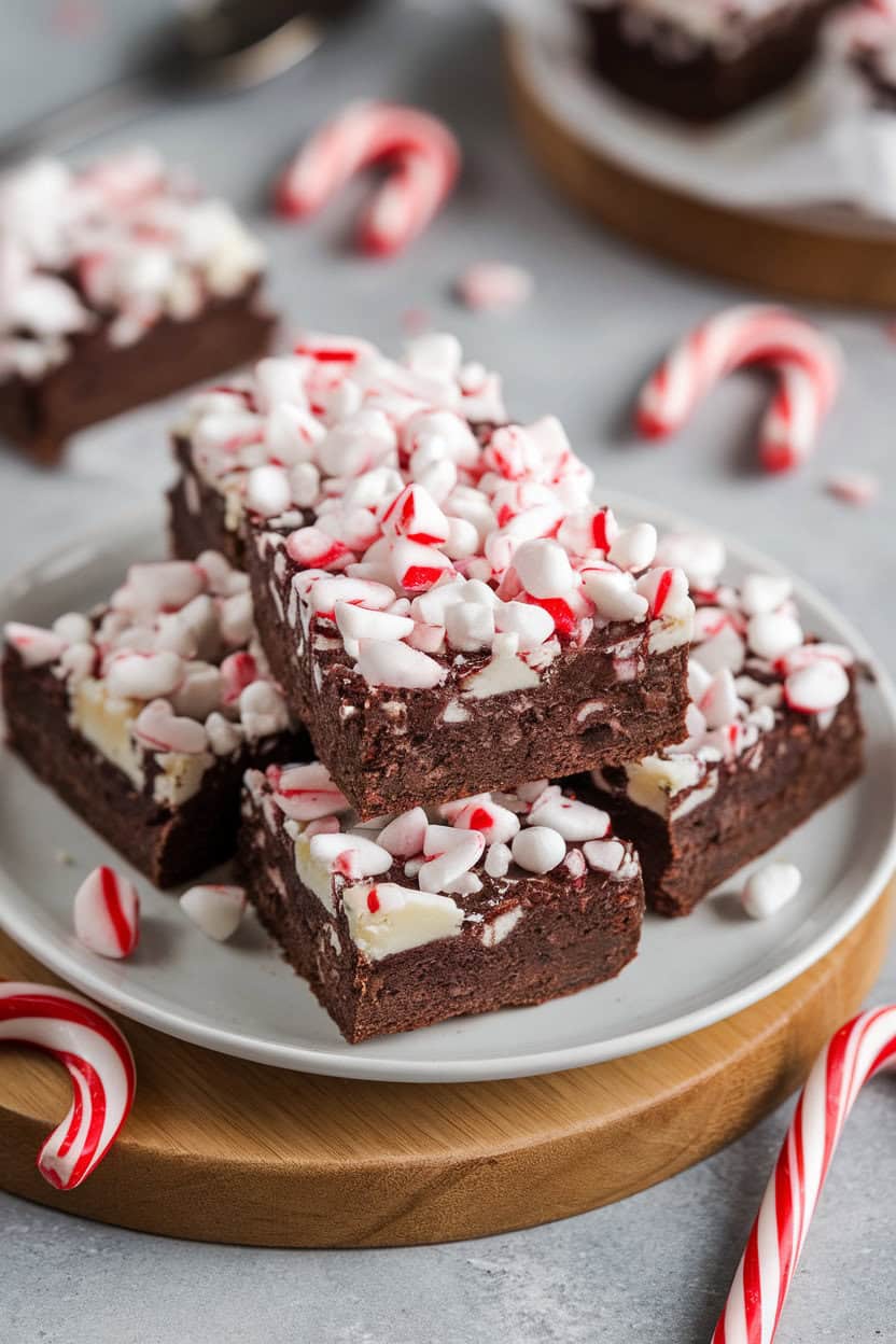 An indoor plate of fudgy brownies topped with white chocolate and crushed candy canes—no text or logos.