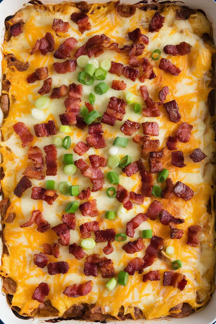 An indoor baking dish filled with loaded baked potato casserole—golden melted cheese on top, bacon crumbles and sliced green onions scattered across. No text or logos in view. Photo, not illustration.