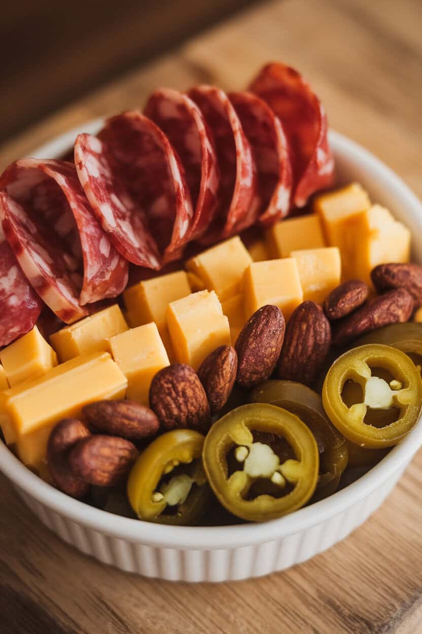 Indoor photo featuring sliced spicy soppressata, pepper jack cubes, chili-roasted almonds, and pickled jalapeños in a ramekin, arranged in rhythmic rows. No text or logos. Photo, not illustration.