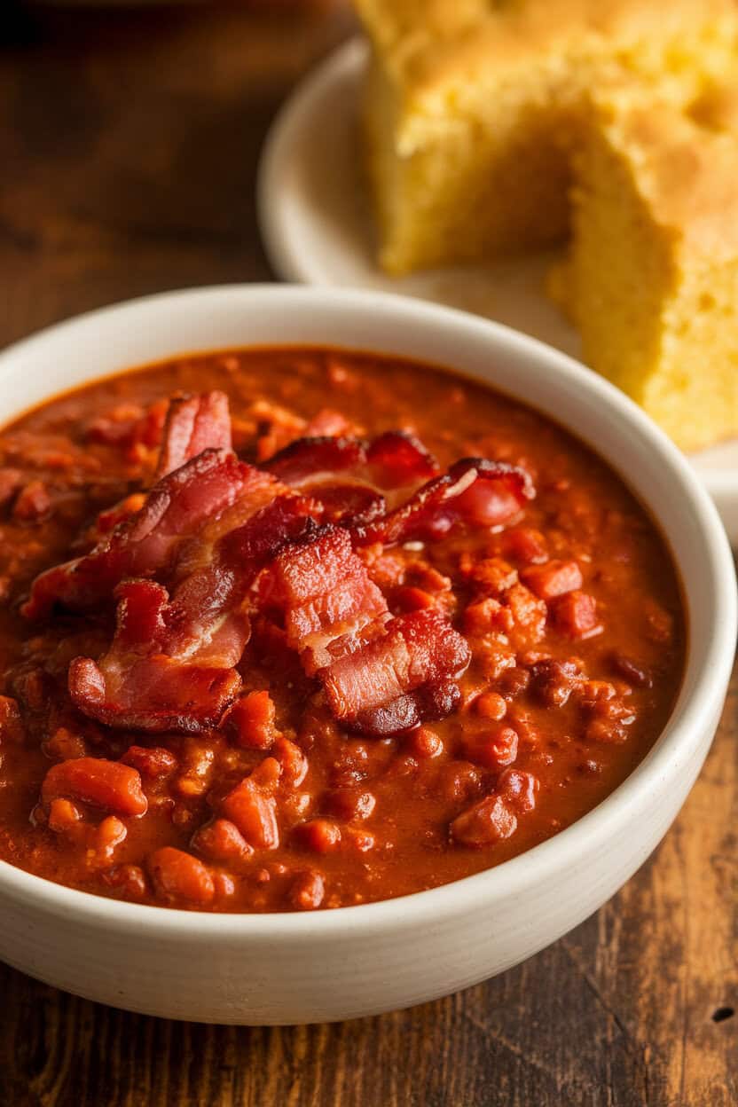 Indoor photo of a hearty bowl of chili with crispy bacon pieces on top, a light sheen of maple glaze; no text or logos