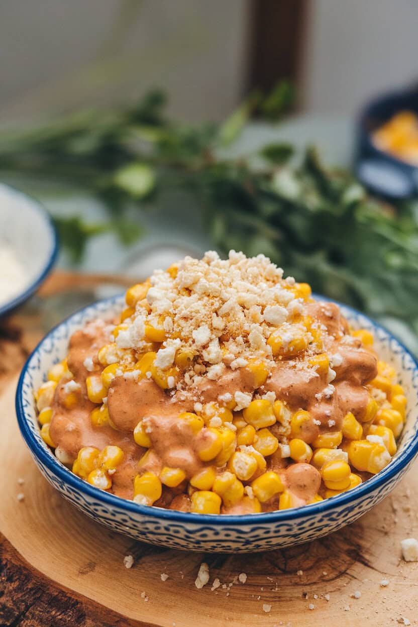 An indoor serving dish of roasted corn kernels coated in creamy chipotle sauce, finished with cotija cheese crumbles. No logos or text. Photo only.