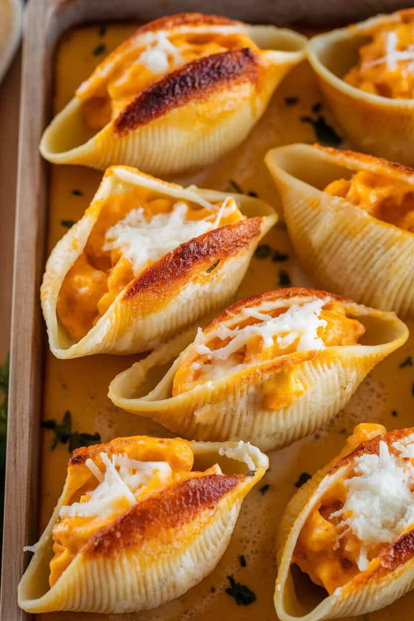 Indoor photo of jumbo pasta shells filled with creamy squash-ricotta mixture, nestled in béchamel sauce and topped with mozzarella; browned edges visible, no text or logos.