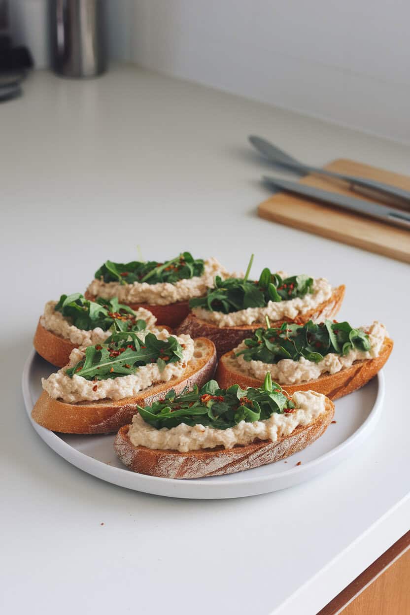 Indoor countertop with toasted baguette slices spread with white bean mash and dolloped with arugula pesto, sprinkled with chili flakes. No logos present.